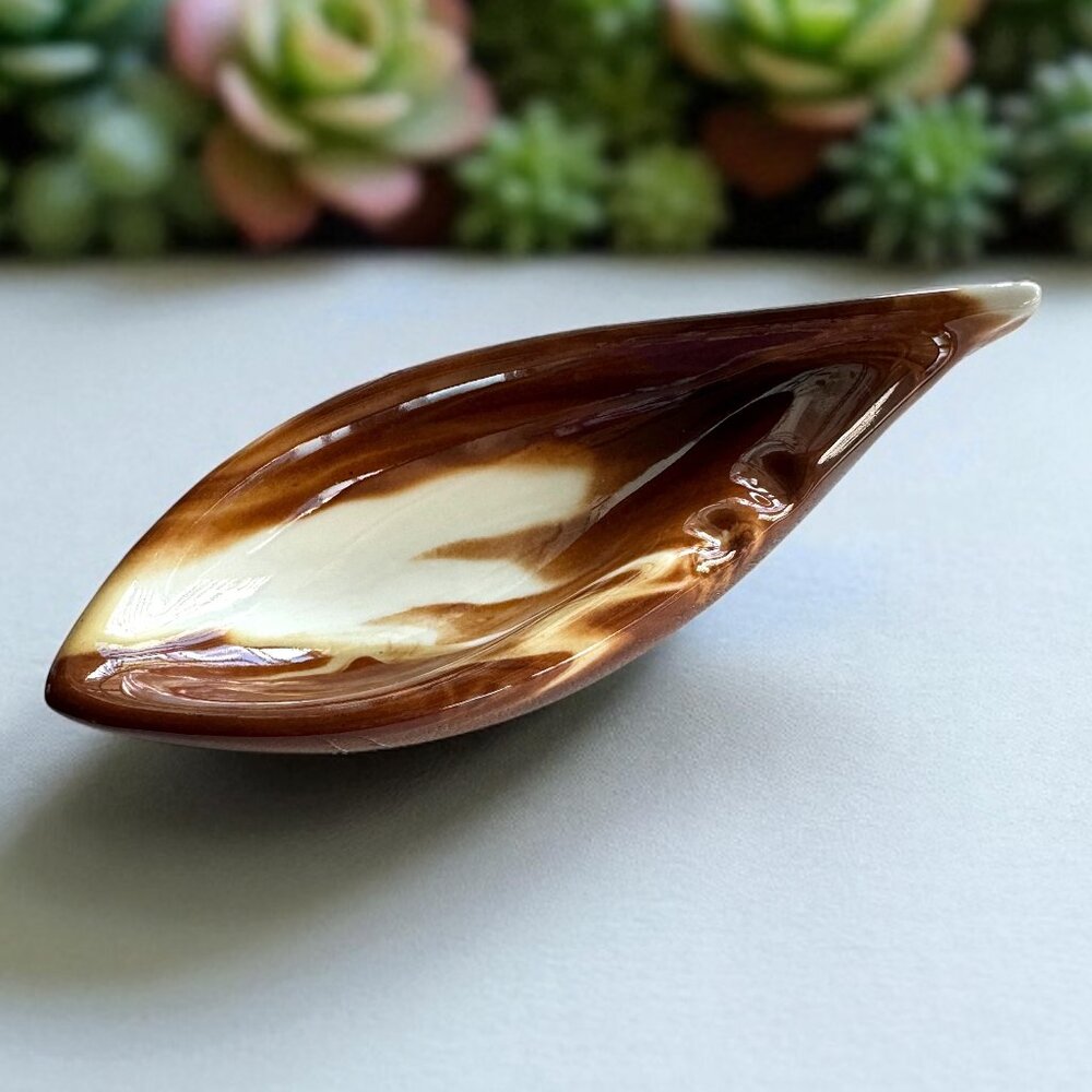 Ceramic Oblong Small Ashtray Trinket Dish Cream and Brown Glossy Leaf